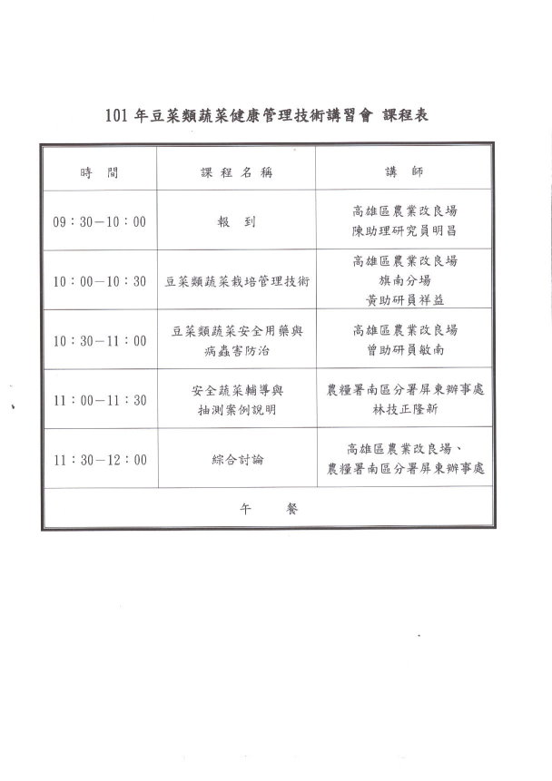 豆菜類蔬菜健康管理技術講習會課程表