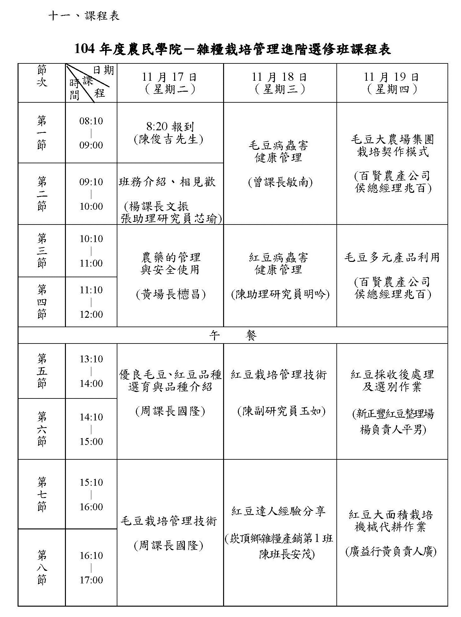 104年度農民學院－「雜糧栽培管理進階選修班」課程表