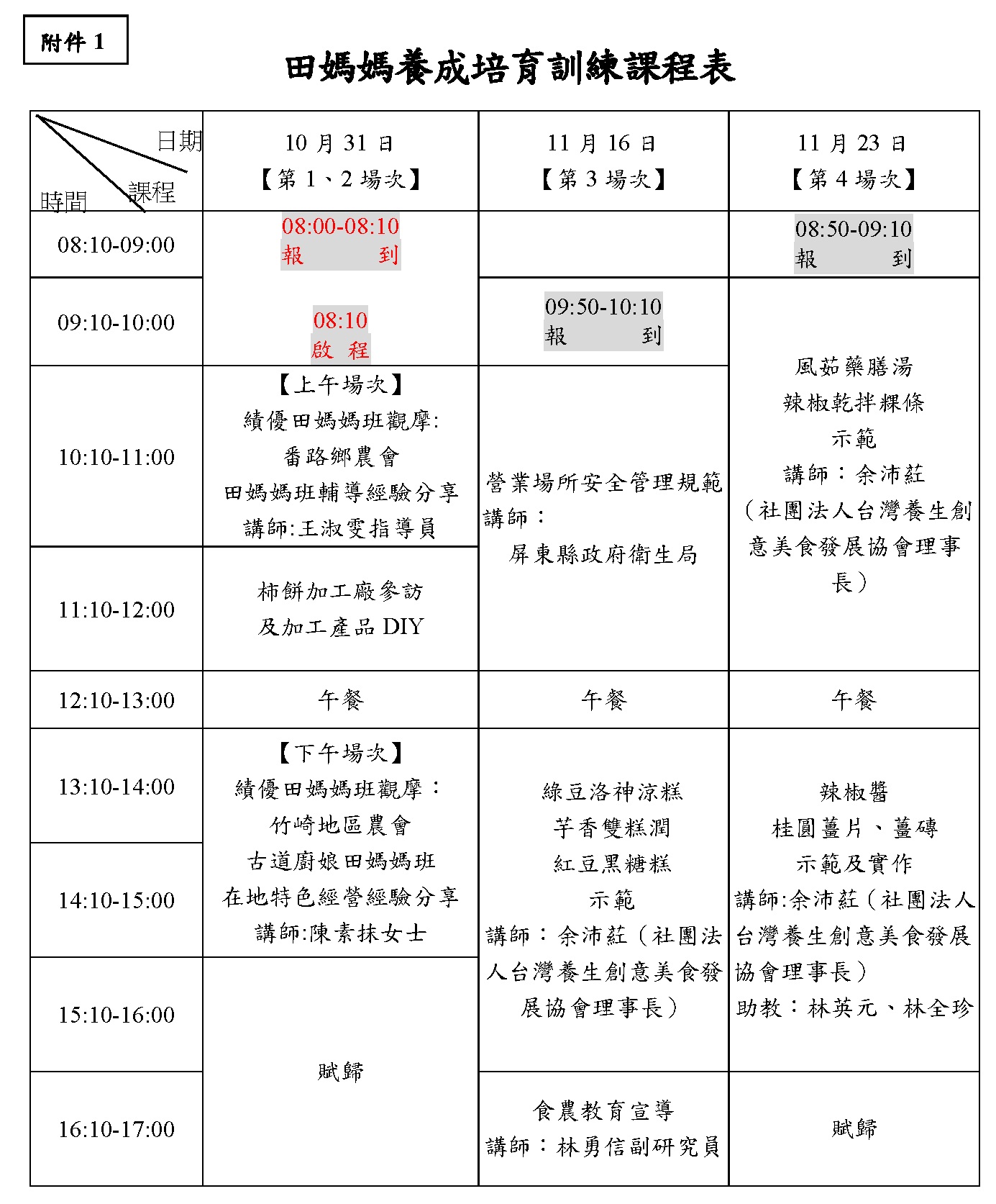 106年度田媽媽班培育訓練暨國產農特產品健康料理研習班課程表